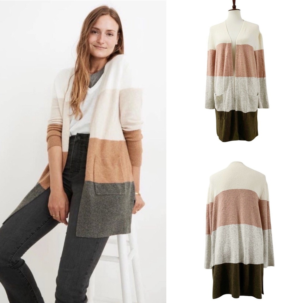 Madewell Kent Colorblock Cardigan in Antique Cream Tan Green Alpaca Wool Sz M